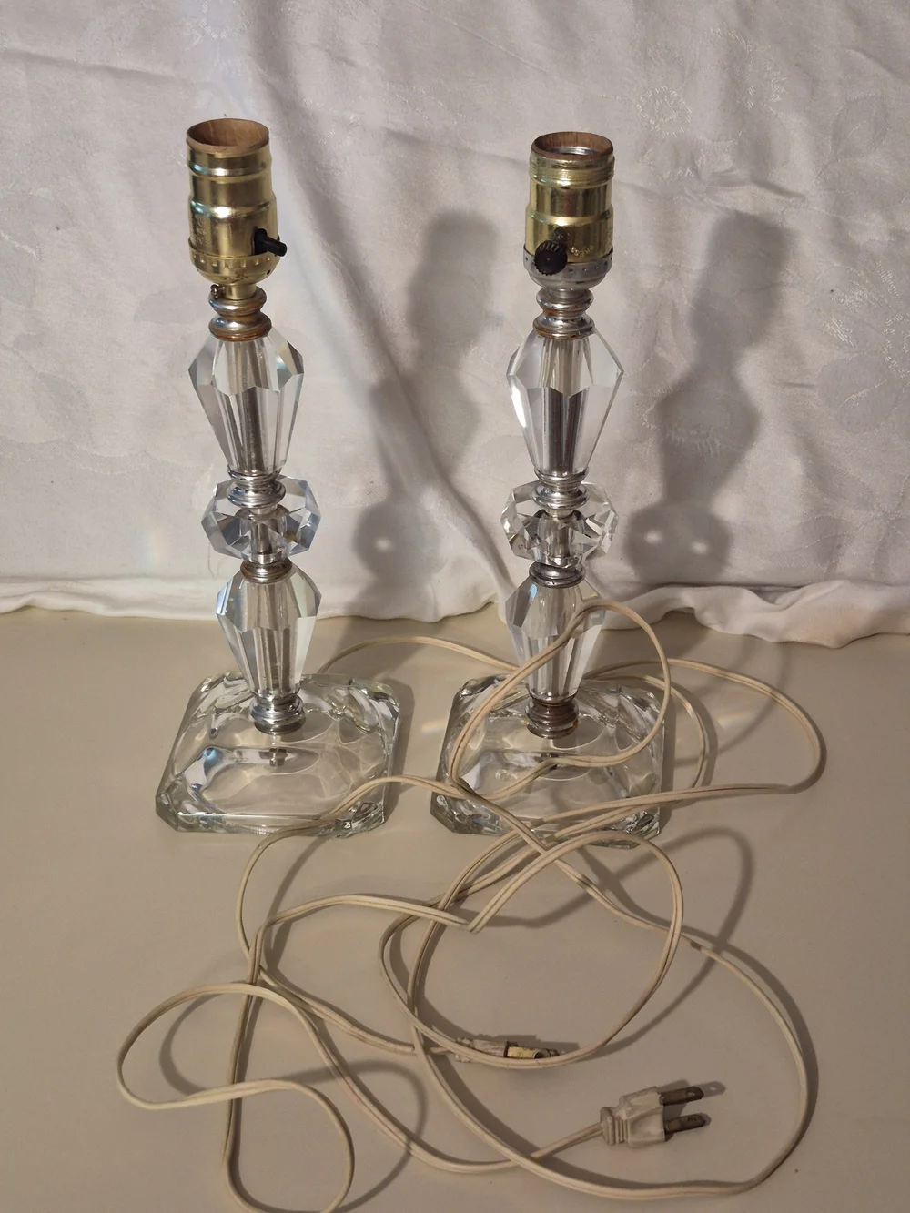 MCM Crystal Glass Pair Table Lamps - Clear Glass Accent